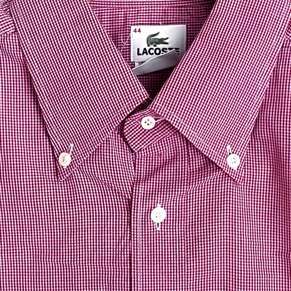 Lacoste Button Down Shirt 44 Mens Gingham Short Sleeve Red Micro Check Prep